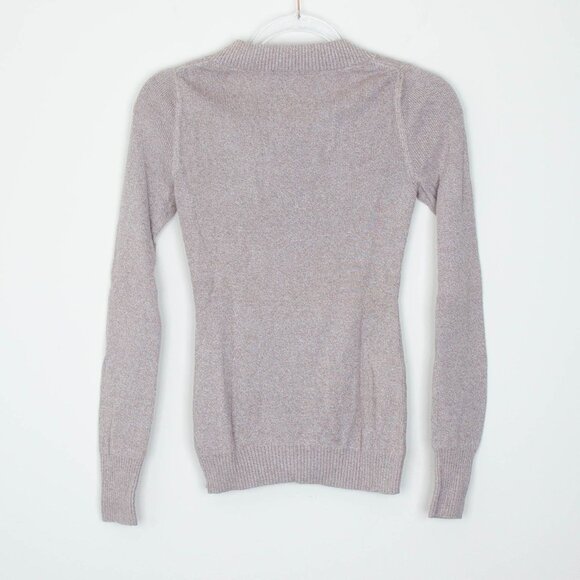 Express Womens Plunge V Neck Long Sleeve Knit Sweater Size S Tan Minimalist - Picture 6 of 7